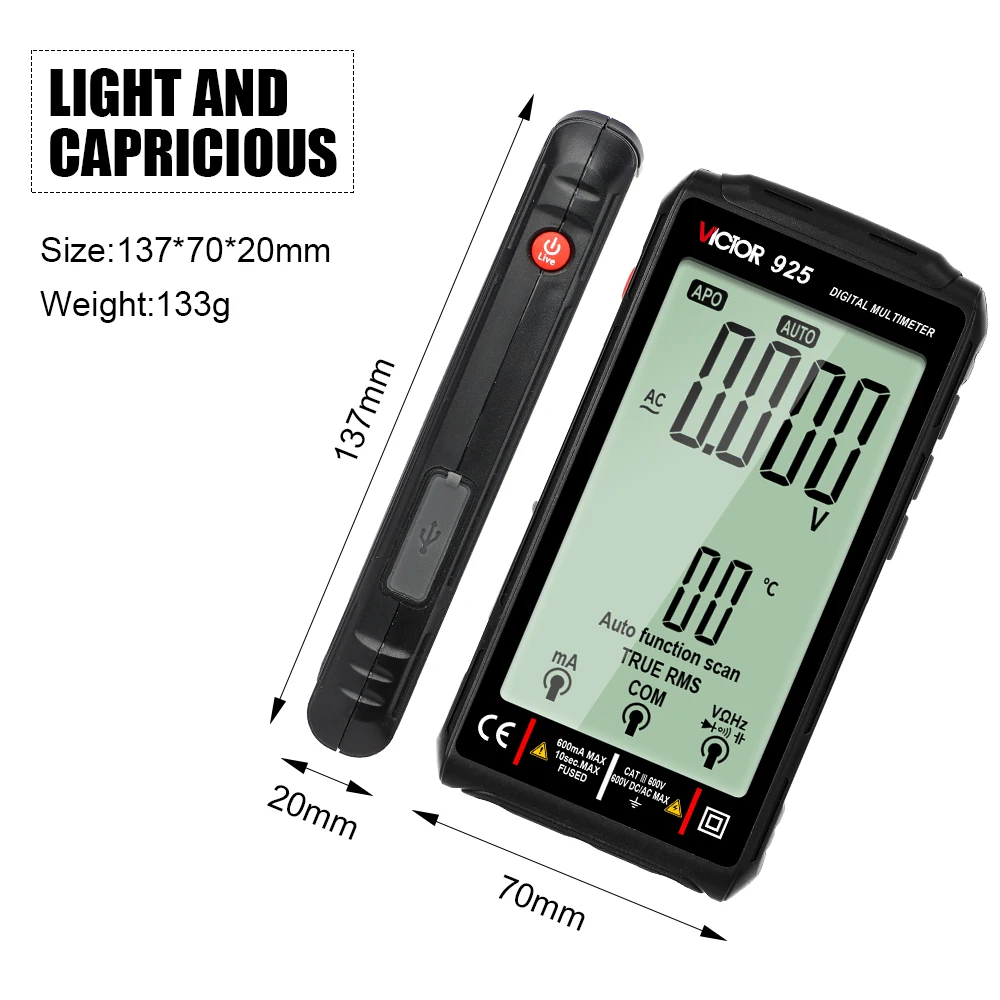 Imagem -02 - Victor 925 Multímetro Digital Tela Cheia 10000 Contagens Display Lcd Ncv Diodo 500mah Lithlum Bateria Frequence Novo Testador Inteligente