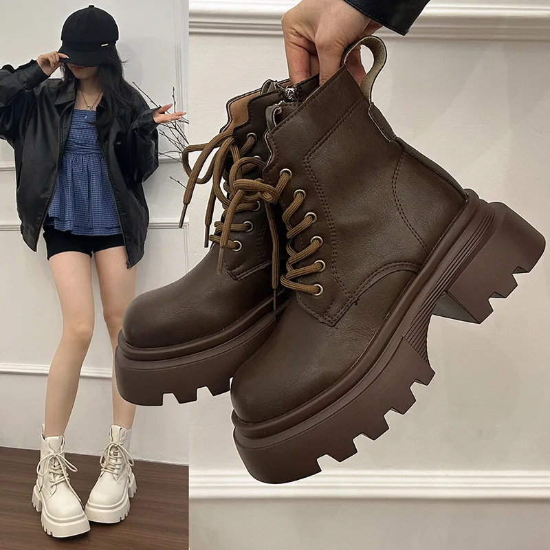 

Autumn Women Ankle Boots 2025 Fashion Retro Short Platform Zipper Comfortable Non Slip Outdoor Leather Boots Botas Mujer