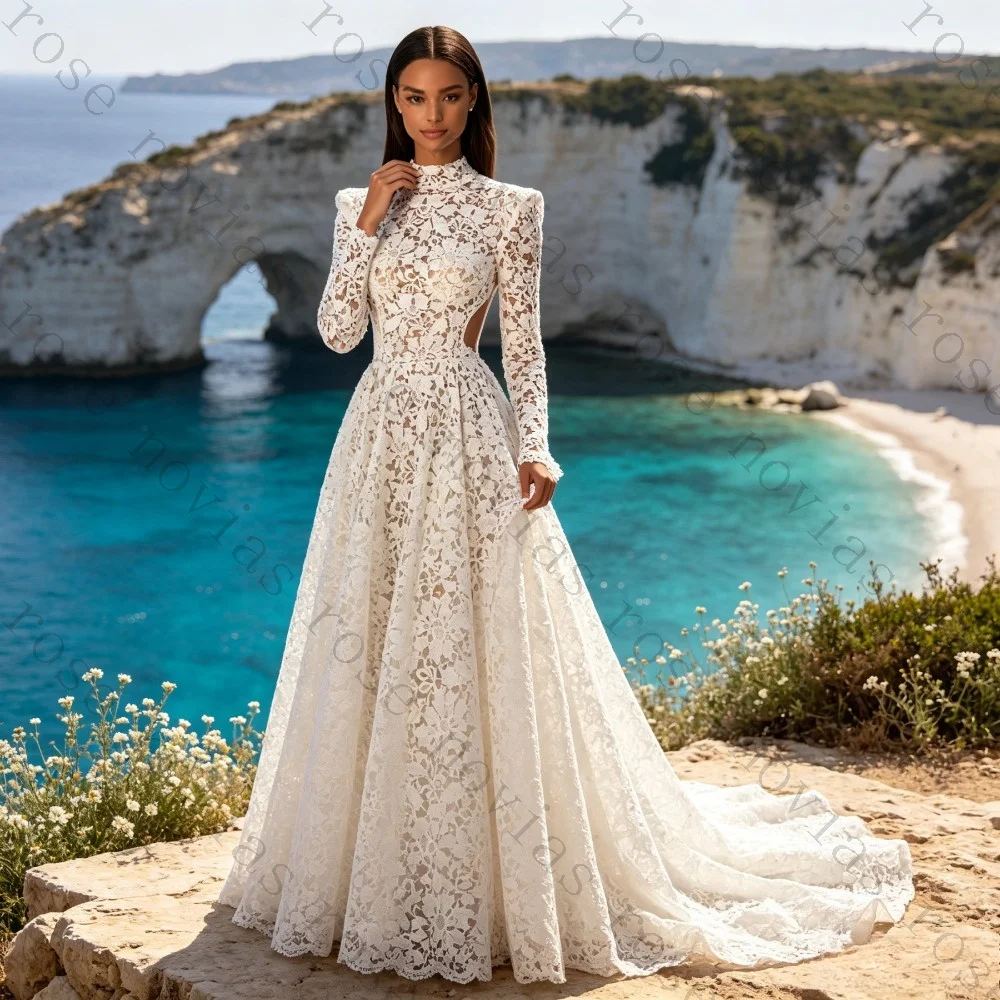 Customized High Neck Long Sleeved Lace Wedding Dress Light Luxury A-line with Trailing Bridal Gown Bohemian Retro Luxury Style