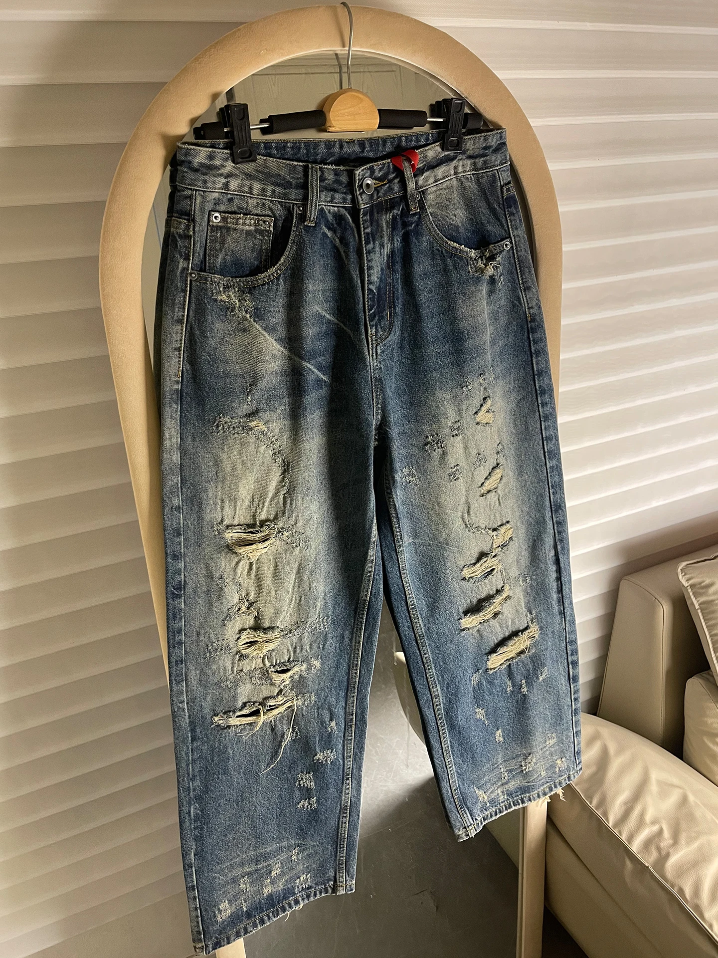 

Parisian Sle American Loose Fit Men's Jeans Ripped Denim Pants Casual Straight Leg Trousers Youth Faion Wear Resistant