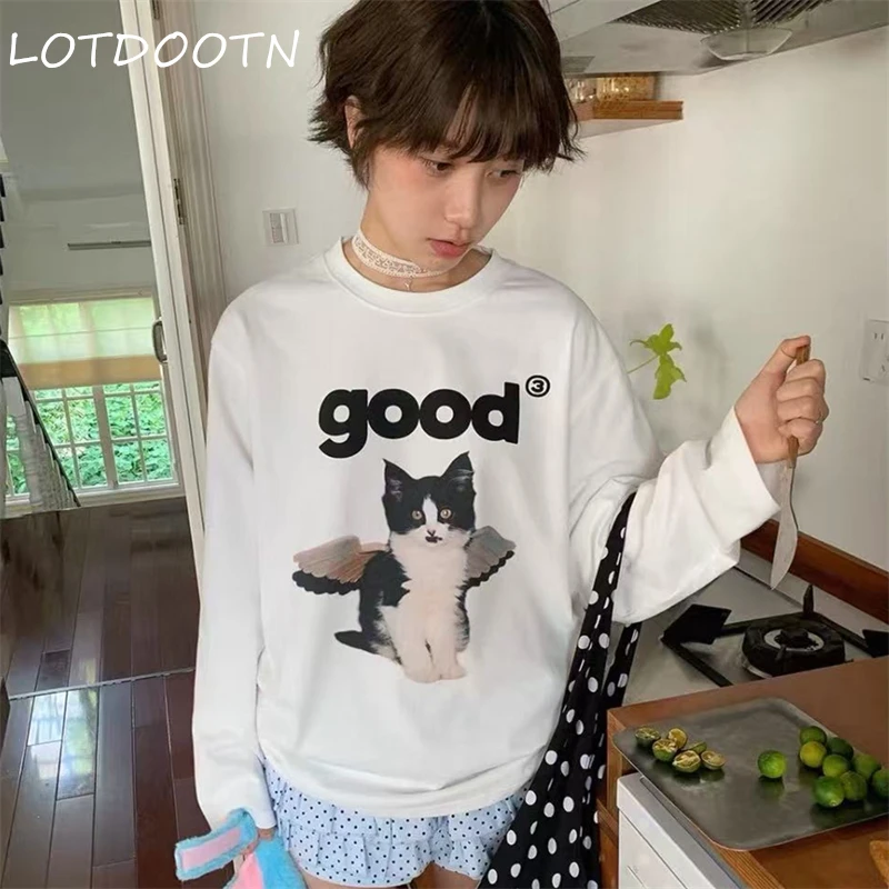 

LOTDOOTN Cotton Kawaii Cartoon T-Shirts Pure Women Japanese Style Oversized Tee Shirts Cute Long Sleeve O-neck Y2K Tops E-girl