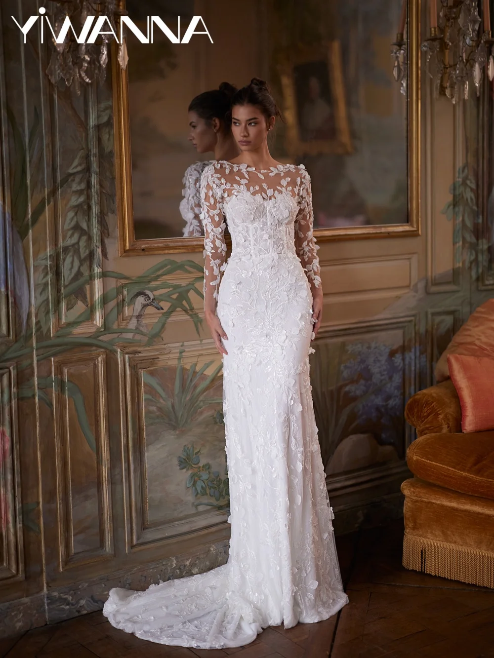 

Glimmering Beaded Appliques Wedding Dress Modern Oneck Long Sleeve Bridal Gown Customized Dreamy Mermaid Dresses For Bride