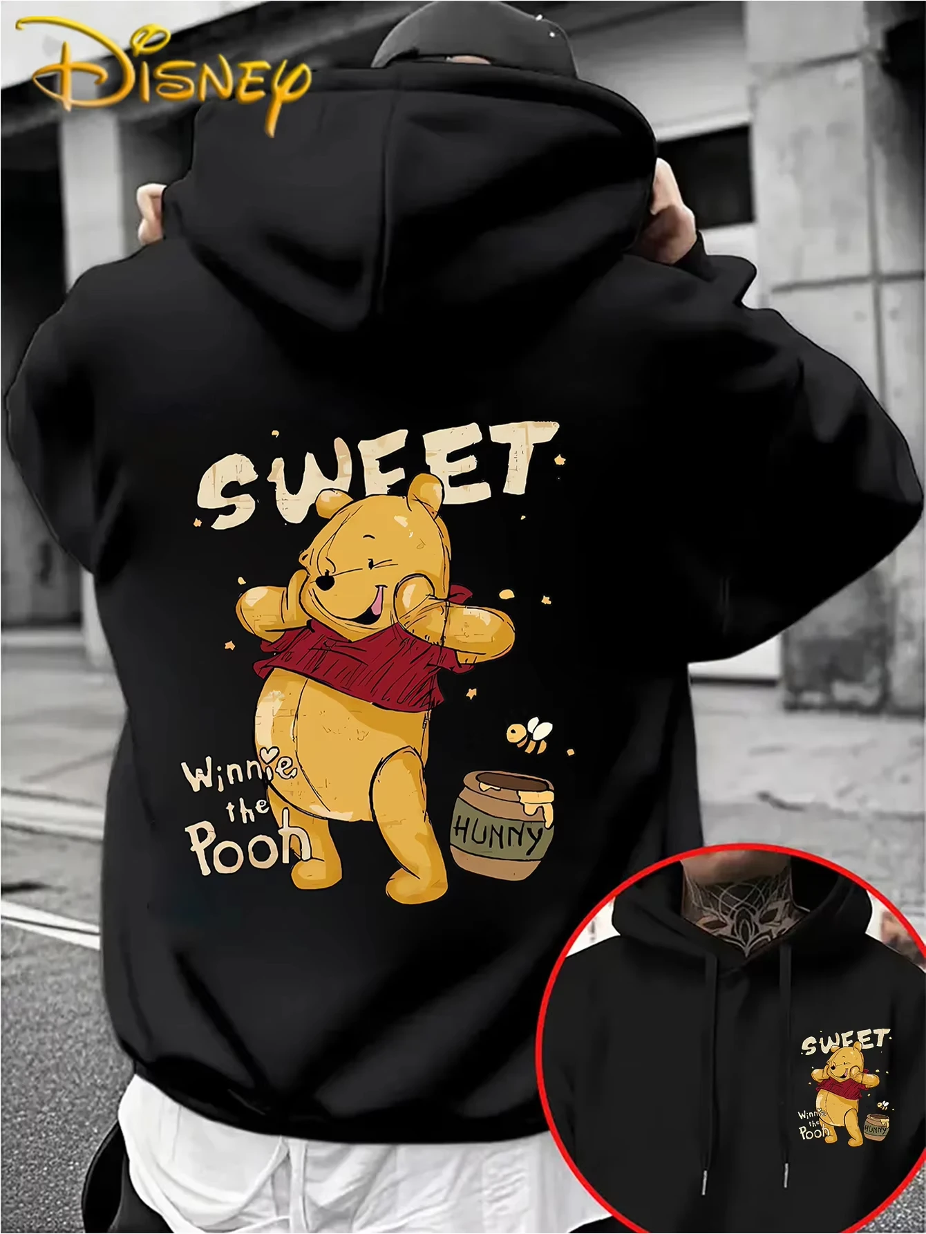 ديزني ويني ذا بوه هوديي قطن أسود مع شخصية حمراء علوية وجه مبتسم النحل وعاء عسل كبير الظهر طباعة أمامية صغيرة