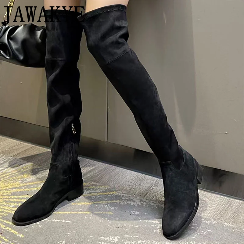 Designer Genuine Leather Thigh High boots Chunky Heel Women\'s Long Boots Runway Round Toe Suede Dress Shoes Over the knee boots