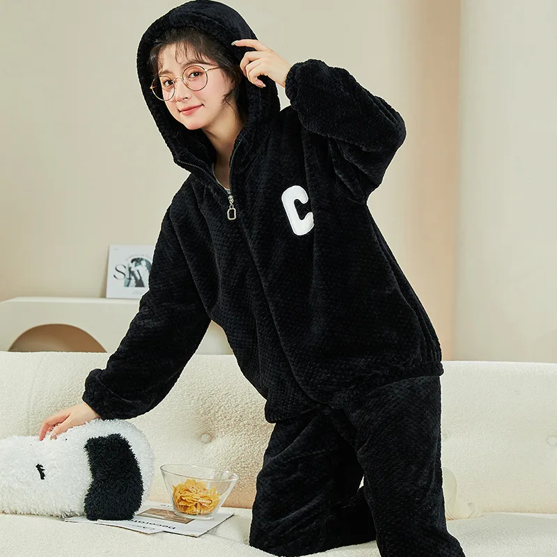 Cardigan Winter Sleepwear for Women 2 Pieces Set Nightwear Long Sleeping Top Pant Flannel Pajamas Young Girl Warm Loungewear