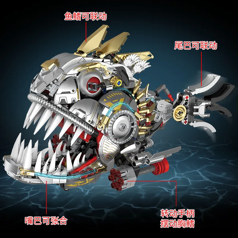 1019 pçs tribo mecânica piranha modelo kit blocos de construção animal biônico com articulações móveis pequena partícula brinquedo ornamento 96224