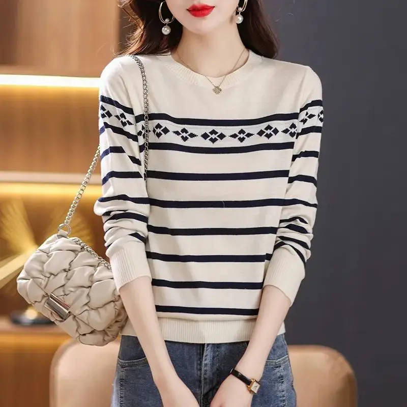 Women\'s Clothing Sweater Knitted Pullover Long Sleeve Screw Thread Round Neck Contrast Color Autumn Winter All-match Tops