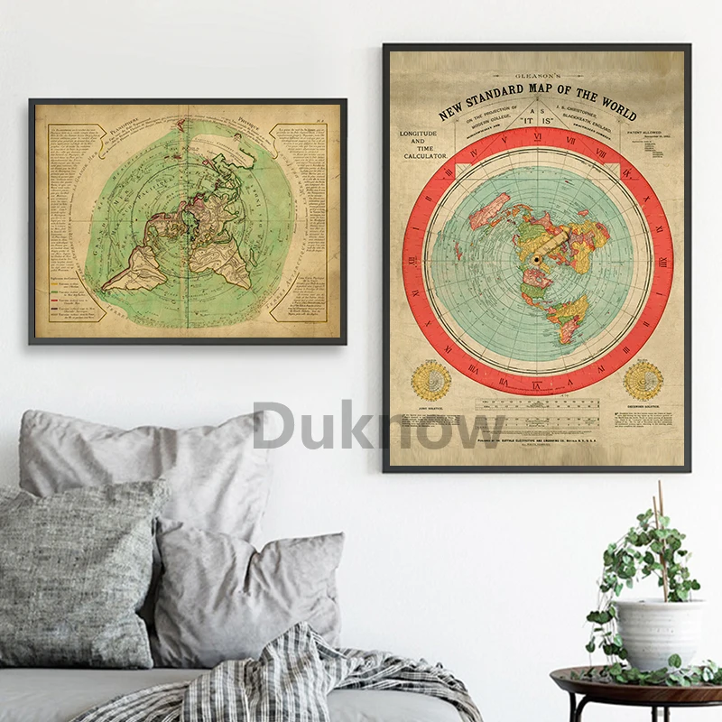 New Standard World Map Print Flat Earth Gleason’s Map Poster Vintage Alternative Science Wall Art Canvas Painting Home Decor