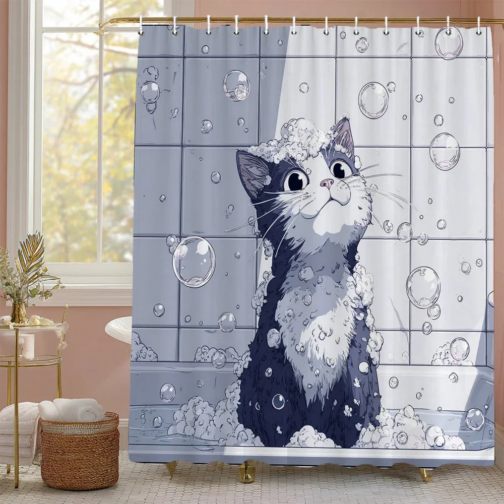 A cute cartoon cat taking a bath Shower Curtain, Bathroom Decorative Shower Curtain, Home printed Shower Curtain with Hooks