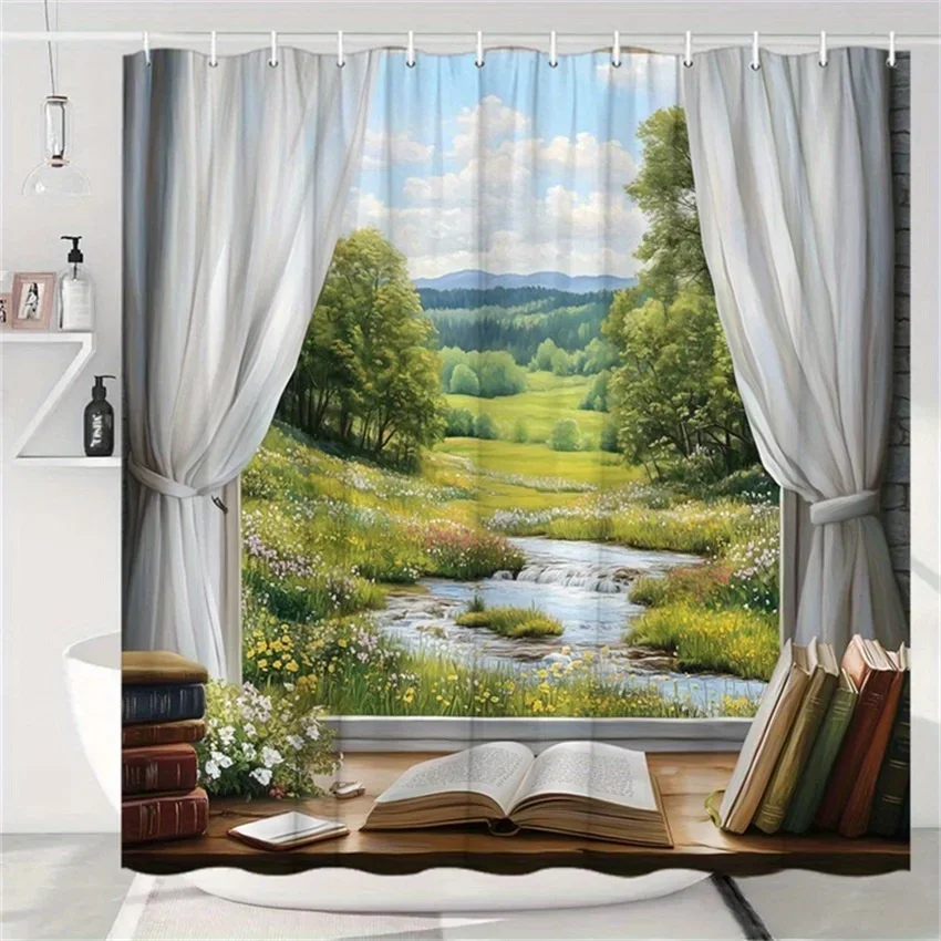 ~O~Polyester Shower Curtain - Countryside Scene with Greenery & Stream, 70.8x70.8