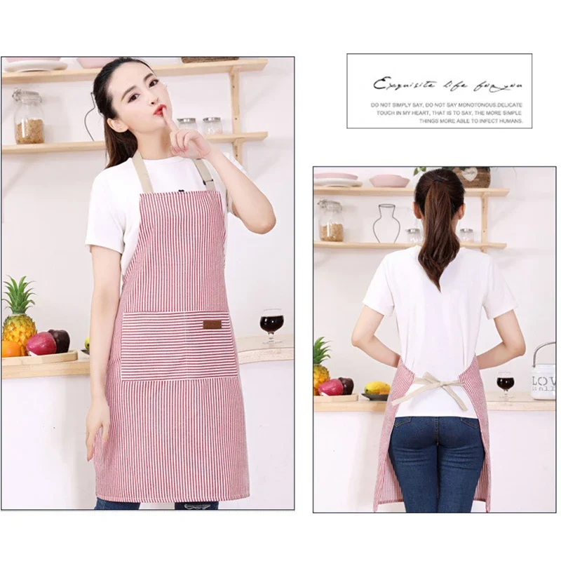 Striped Chef Cooking Apron Cotton Linen Halterneck Apron with 2 Pockets Men Woman Restaurant Kitchen Baking Work Apron