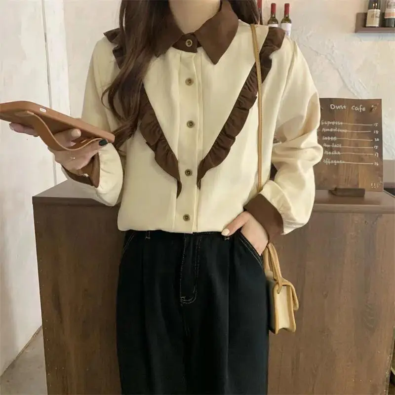 Women Corduroy Shirts Vintage Ruffles Lovely Autumn Winter Long-sleeved Shirt for Girls Aesthetic Fashion New Design Clothing