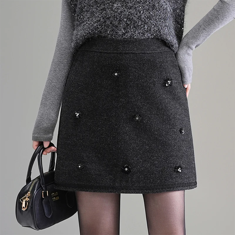 

Handmade Beaded Flower Woolen Skirt Women's A-Line Skirts Winter Faion Anti-Light ort Skirts f Body Skirts