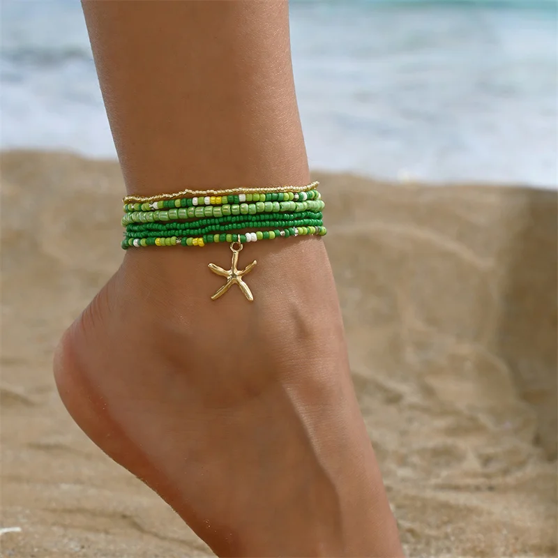 Conjunto de tobilleras con cuentas de arroz multicapa para mujer, tobilleras con colgante de estrella de mar, cadena de tobillo de playa de arena para verano, joyería de pierna, Bohemia