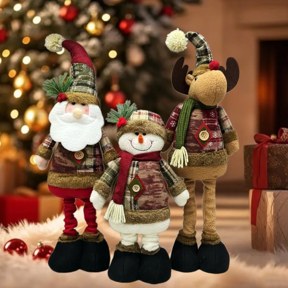 Christmas Telescopic Leg Plush Doll Set Snowman Camel Standing Like Grid Cloth Christmas Table Window Home Vacation Decoration