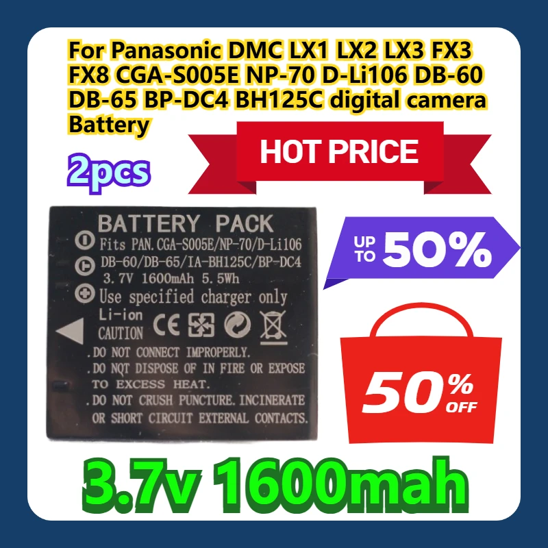 لباناسونيك DMC LX1 LX2 LX3 FX3 FX8 CGA-S005E NP-70 D-Li106 DB-60 DB-65 BP-DC4 BH125C بطارية الكاميرا الرقمية 2 قطعة