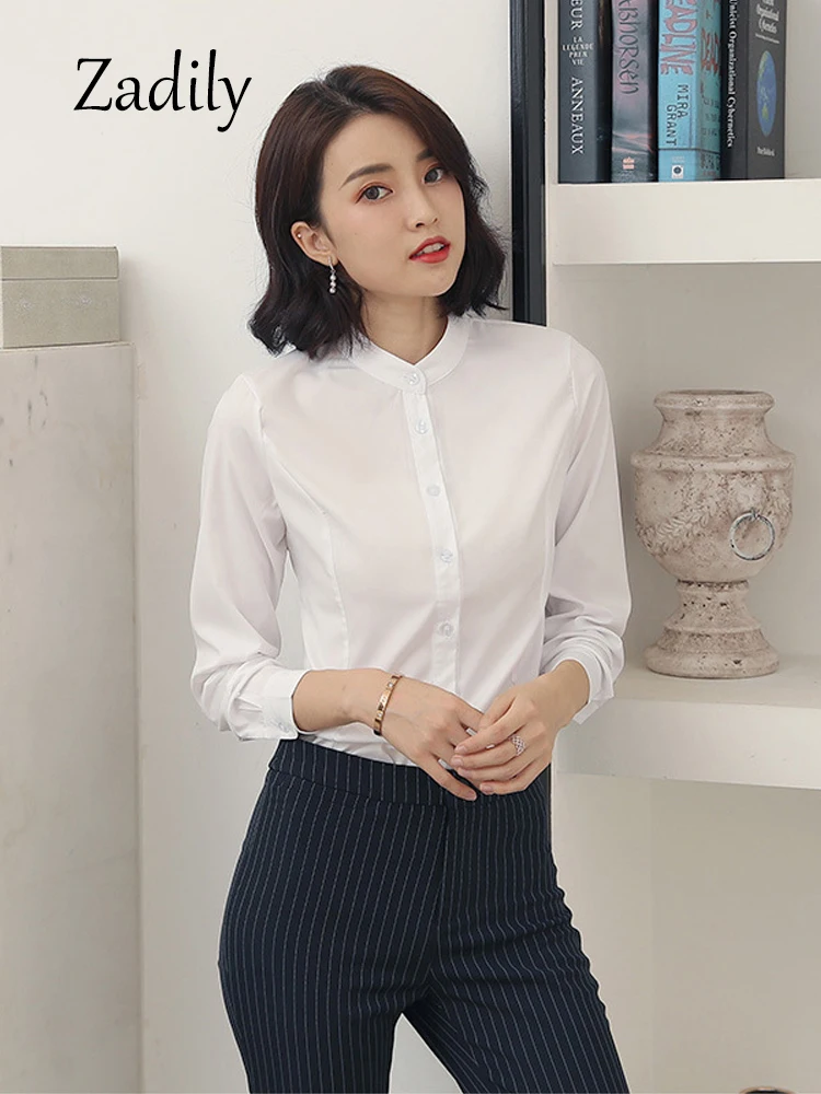 Zadily Office Lady Long Sleeve Women White Basic Shirt Blouse Stand Neck Tunic Button Up Work Female Clothing All Season Tops