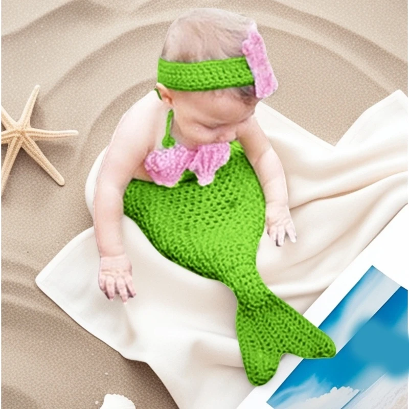 

Костюм русалки для новорожденных с повязкой на голову, реквизит для фотосессии для маленьких девочек, вязаная одежда для фотосъемки русалки, платье