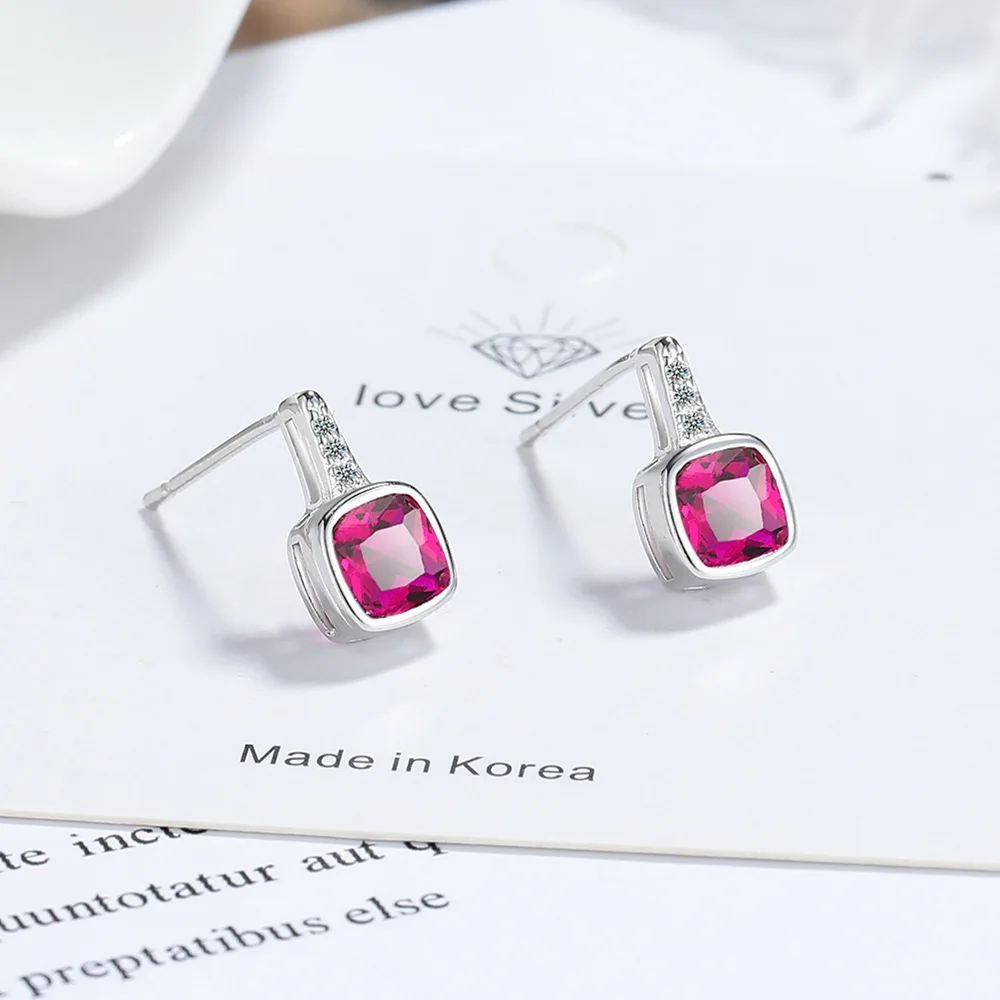 

Square 1.1ct Created Red Ruby 925 Sterling Silver Stud Earrings for Women Statement Gemstone Wedding Jewelry Pendientes