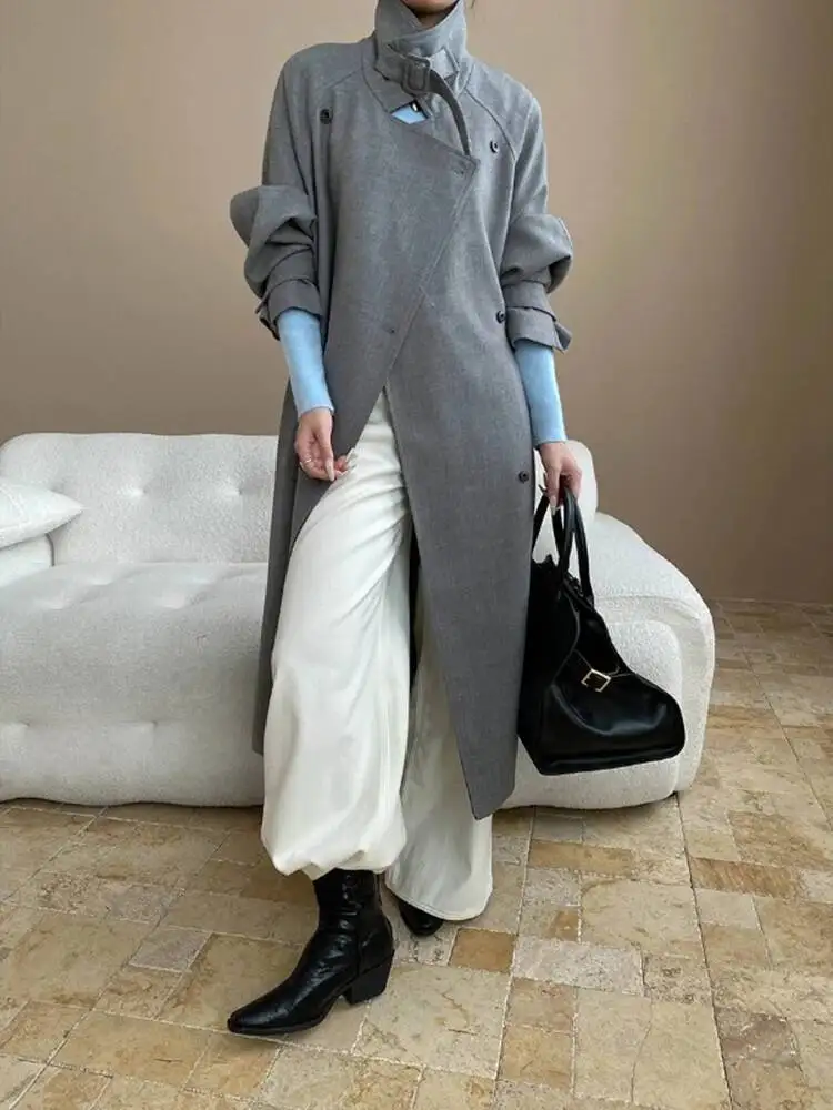 TLXT أنيقة المرأة التباين اللون خندق غير النظامية مزدوجة الصدر حزام تجمع الخصر سترة واقية موضة خريف جديد 2025 #4