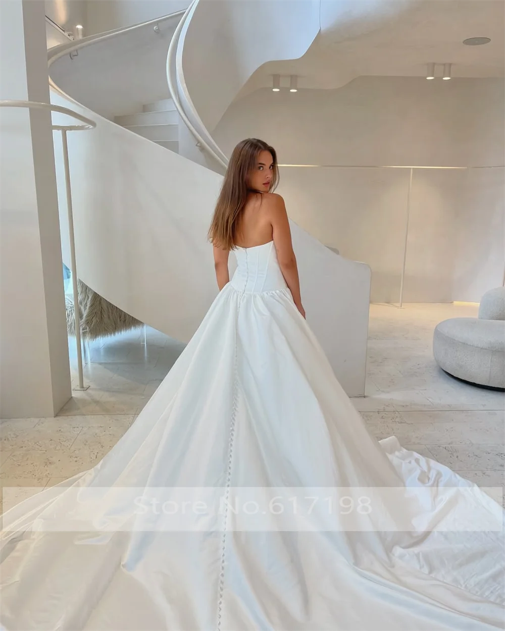 Women's Strapless Satin Solid Wedding Party Dress Backless Button A-line Modest Wedding Gowns with Court Customized
