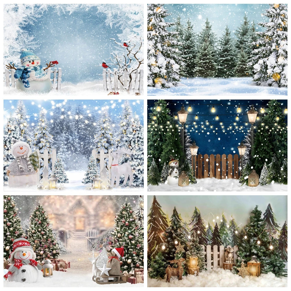 Winter Forest Snow Scene Backdrop Christmas Pine Tree Snowflake Snowman Elk Baby Portrait Photo Background Photography Props