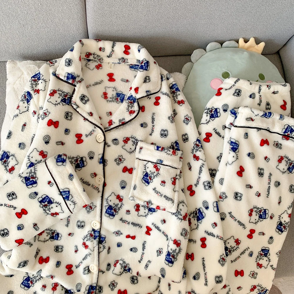 Sanrio Hello Kitty Flannel Women's Pajamas Set Cuteore Cartoon Winter Warm Sleepwear Long Sleeve Pant Nightwear Home Clothes New view 4