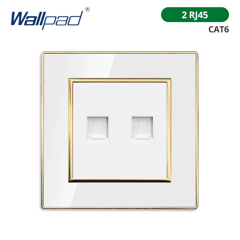 Wallpad Weißes Acryl-Panel mit goldenem Rand, 2-Wege-Wandlichtschalter mit LED-Anzeige, EU-Steckdose mit USB