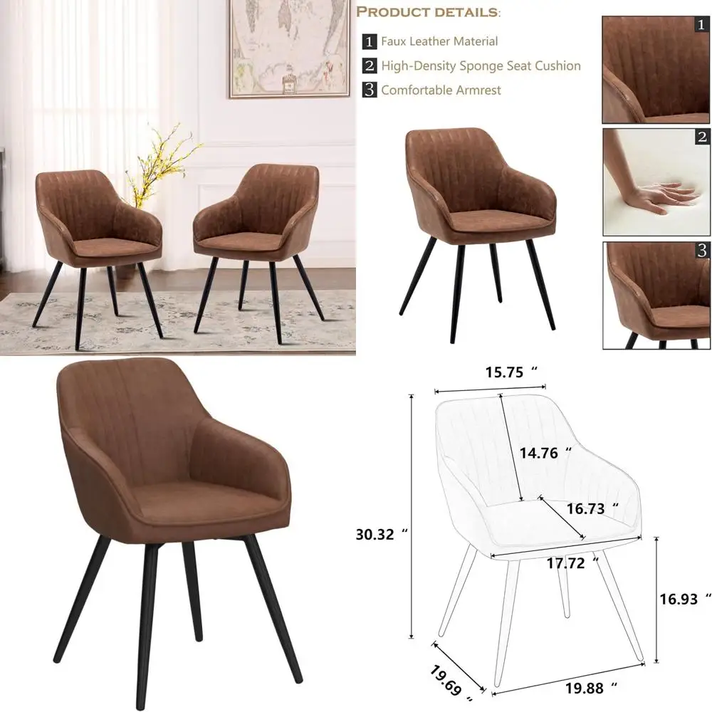 

Faux Leather Arm Chairs for Living Room and Home Office, Upholstered with Metal Legs, Set of 2