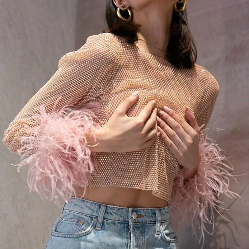 

Round Neck Feather Top, Long Sleeves, Crystal Rhinestone Mesh, Diamond, Ostrich Feather, Hollow Perspective Short Top T-shirt