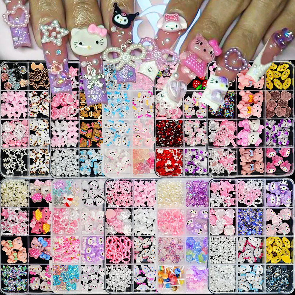

12Grid Mixed Kawaii Hello Kitty Bow Kuromi Nail Art Charms 3D Resin Little Bear Heart Star Rhinestones DIY Manicure Decoration