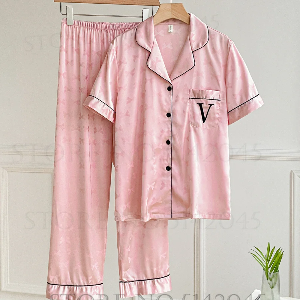 Female 2PCS Pajamas Set Jacquard Short Sleeve Trouser Pijamas Suit Spring Summer Silk Satin Sleepwear Loungewear Loose Home Wear