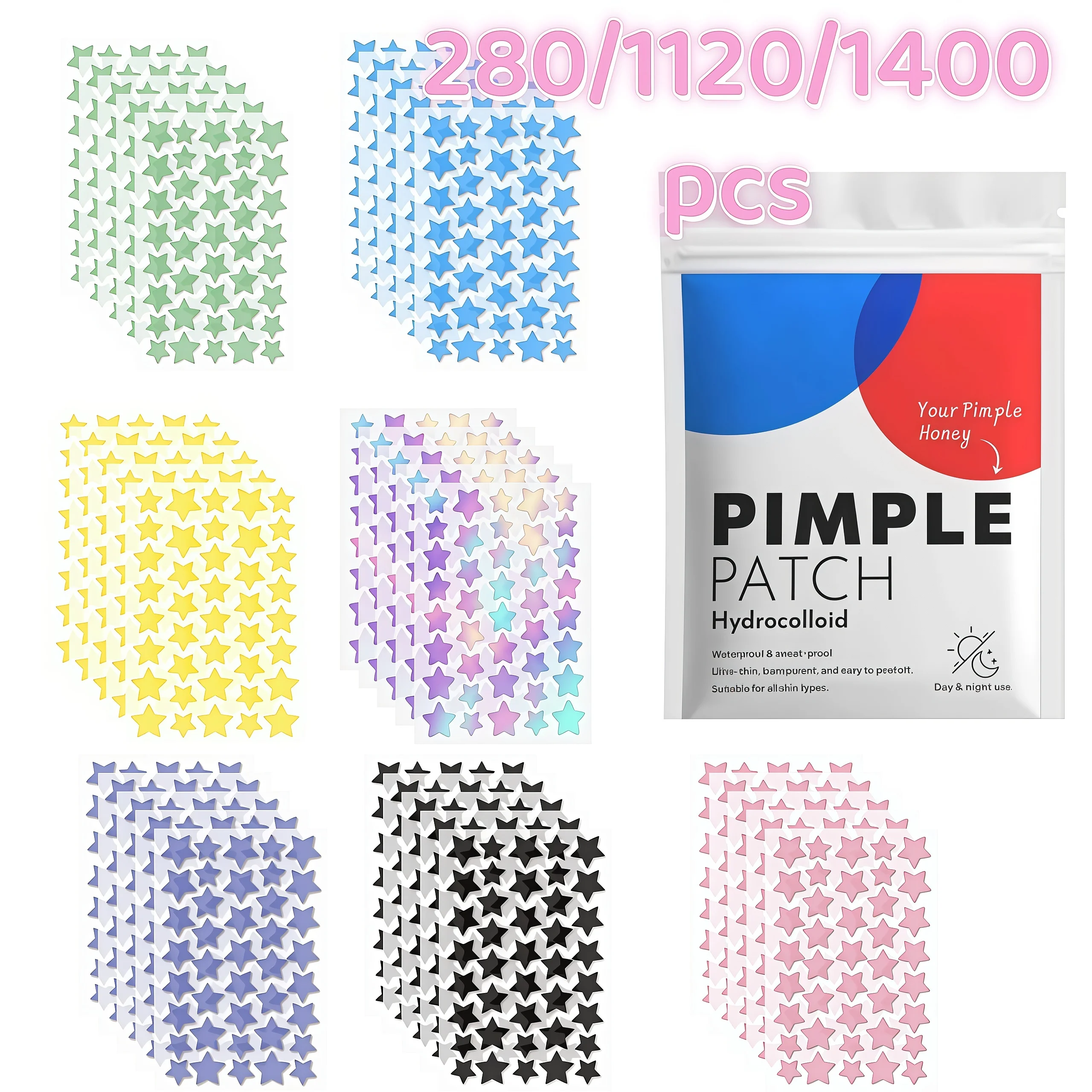 7 Color Star Acne Patch Set 280/1120/1400pcs, Multi-Size Hydrocolloid Invisible Skin Covers