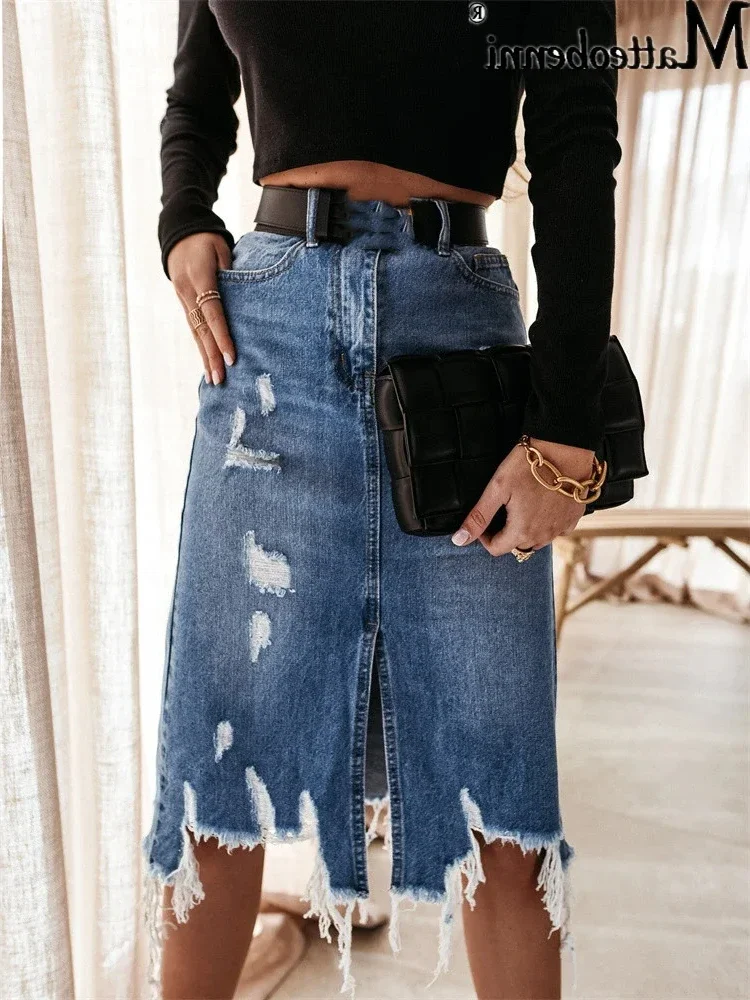 2024 Summer Sexy Asymmetric Denim Skirt Women High Waist Slit Ripped Beggar Midi Skirts Casual Slim Worn Tassel Blue Jeans Skirt