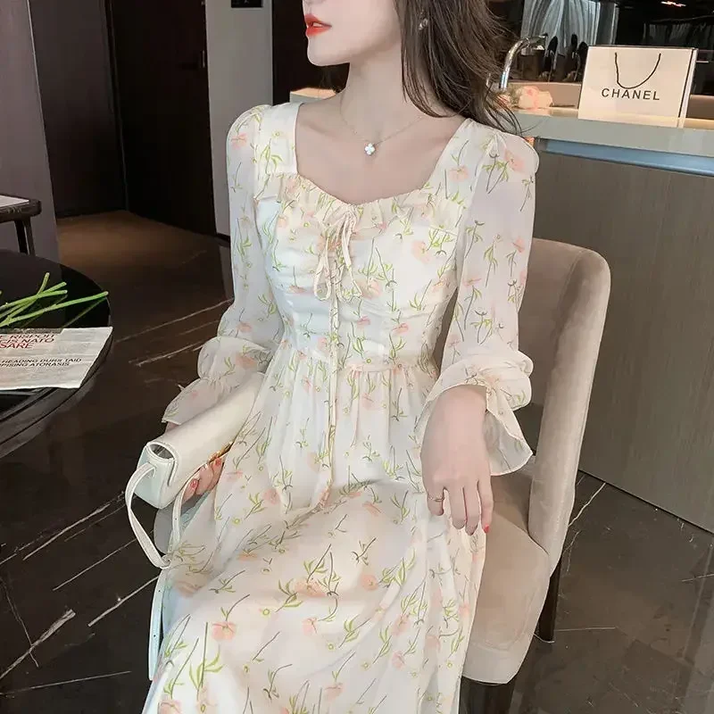 Midi Dresses for Women Chiffon Splicing Fashion Summer 2025 Woman Long Sleeve Dress Aesthetic Korean High Quality Luxury Loose X