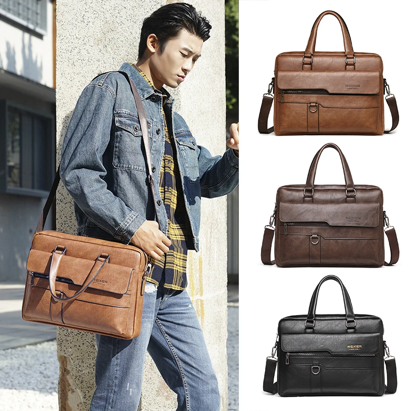 Men'S Vintage Briefcase Laptop Bag PU Leather Handbags Shoulder Business Tote Messenger Breifcases Wallets Crossbody Bag Male