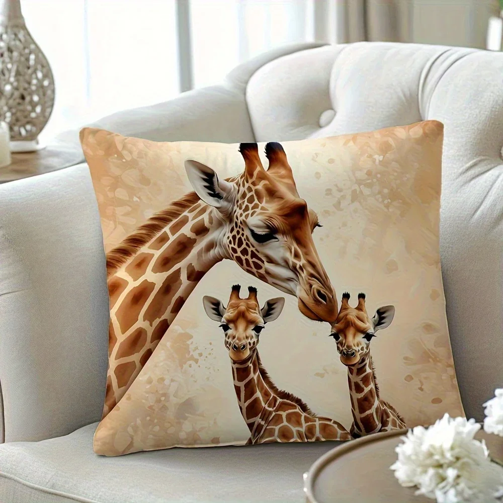 1Pc Modern Cushion Cover Beige Giraffe Family Print Pillowcase For Living Room Sofa Bedroom Decor Home Gift Soft Breathable