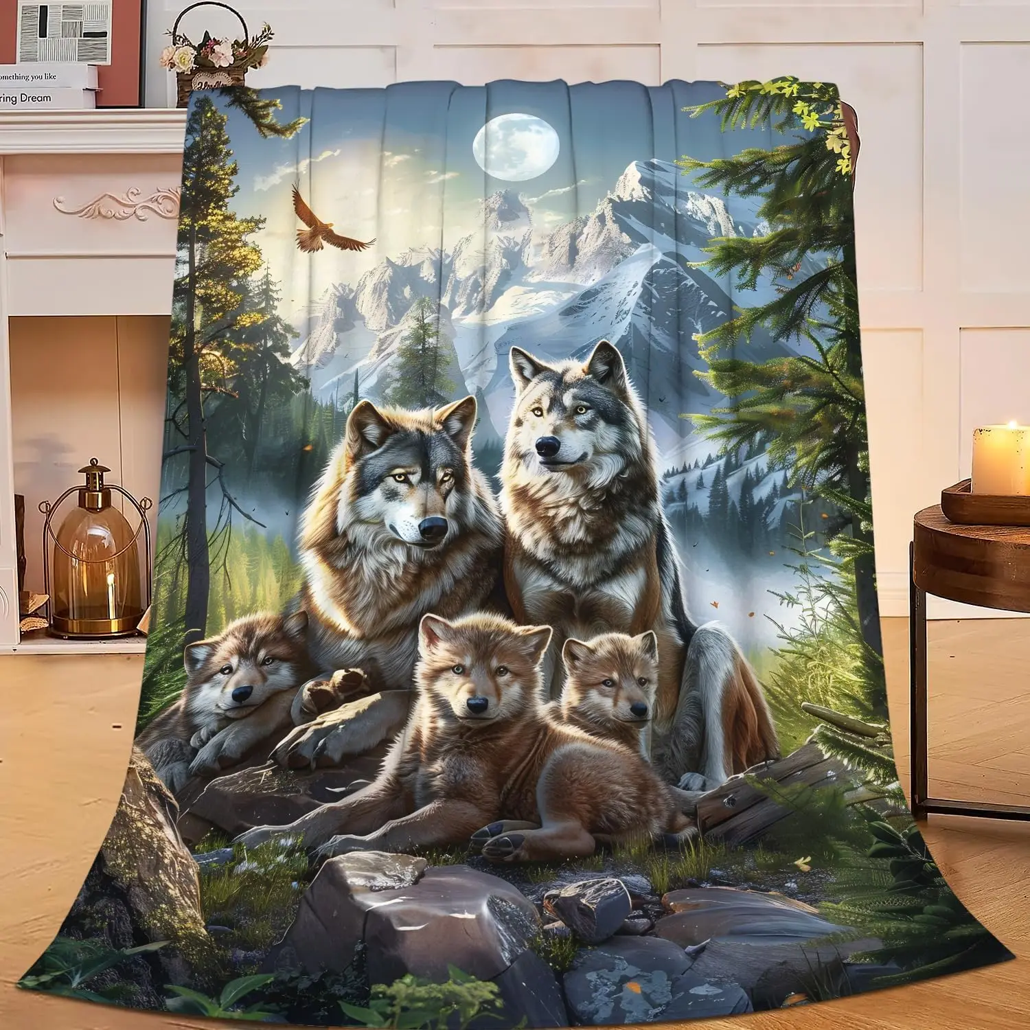 Wild Wolf Family Mountain Pine Forest Moon Eagle Scenery Flannel Blanket Decorative Throw For Lounge Bedroom Holiday Gift