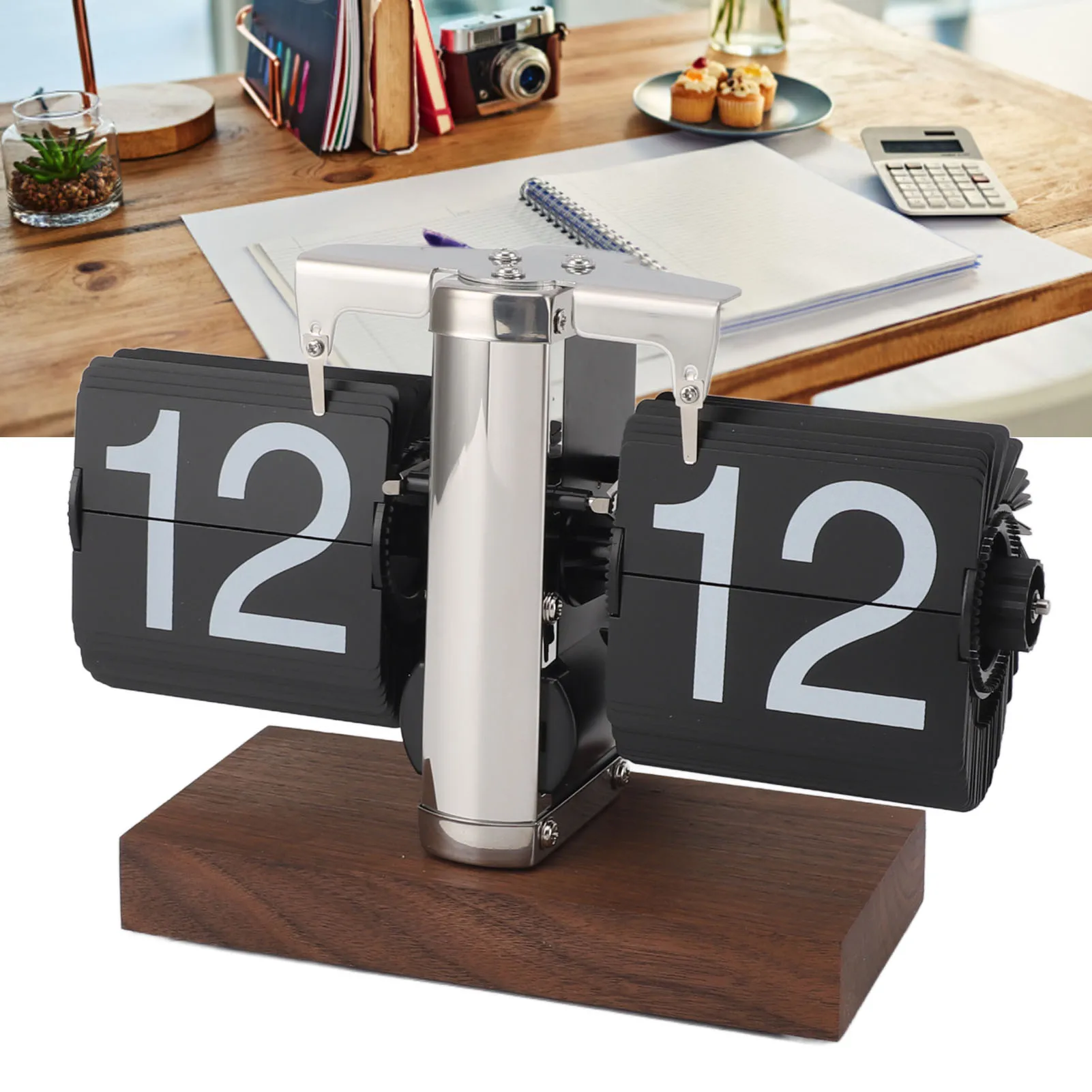 Flip Desk Clock Auto Mechanical Flip 24H Wood Base Stainless Steel Vintage Retro Digital Table Clock for Home Office