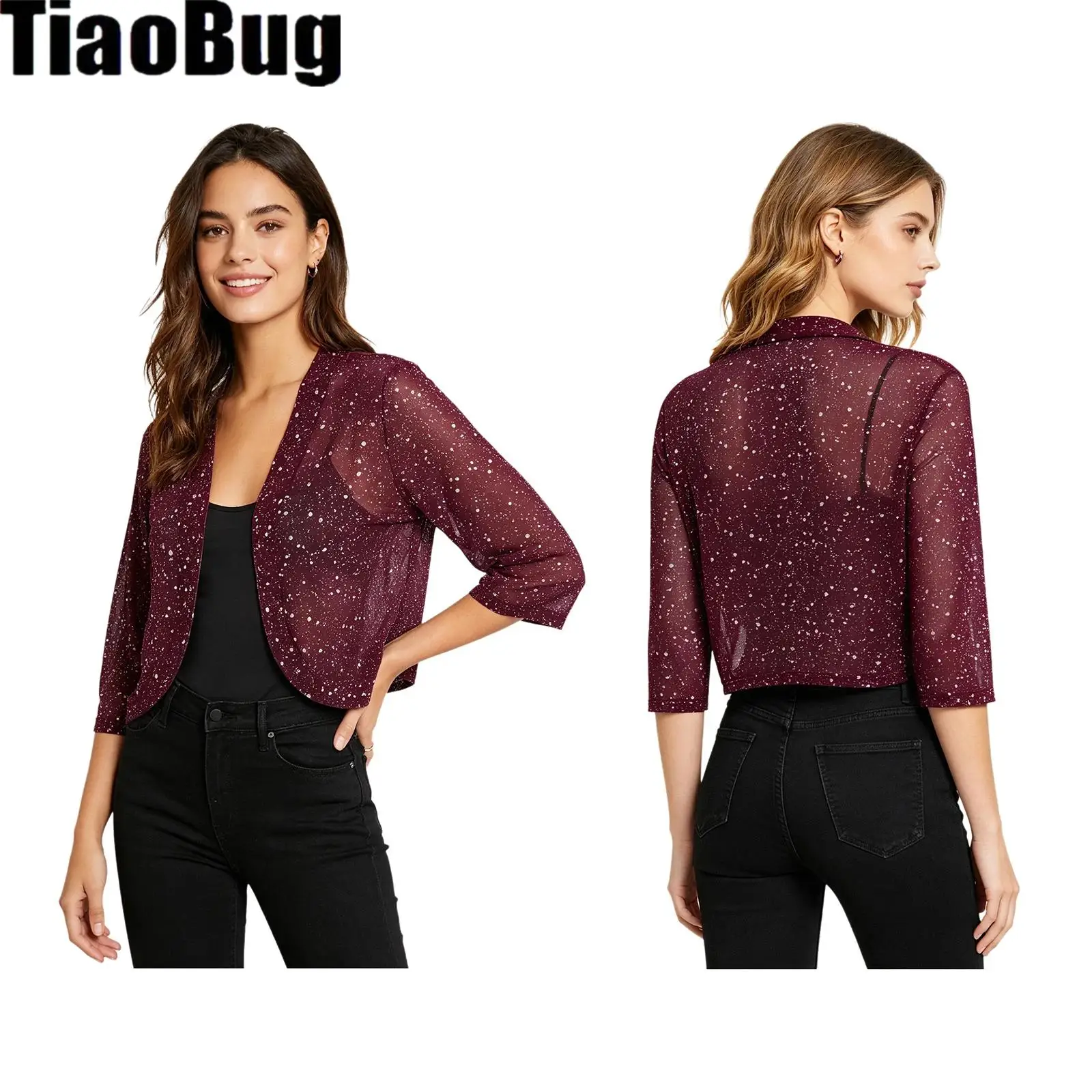 Women Sheer Mesh Shawls Jacket with Metallic Shiny Spots 3/4 Sleeve Open Front Curved Hem Crop Cardigan Shrugs Shawls Jacket