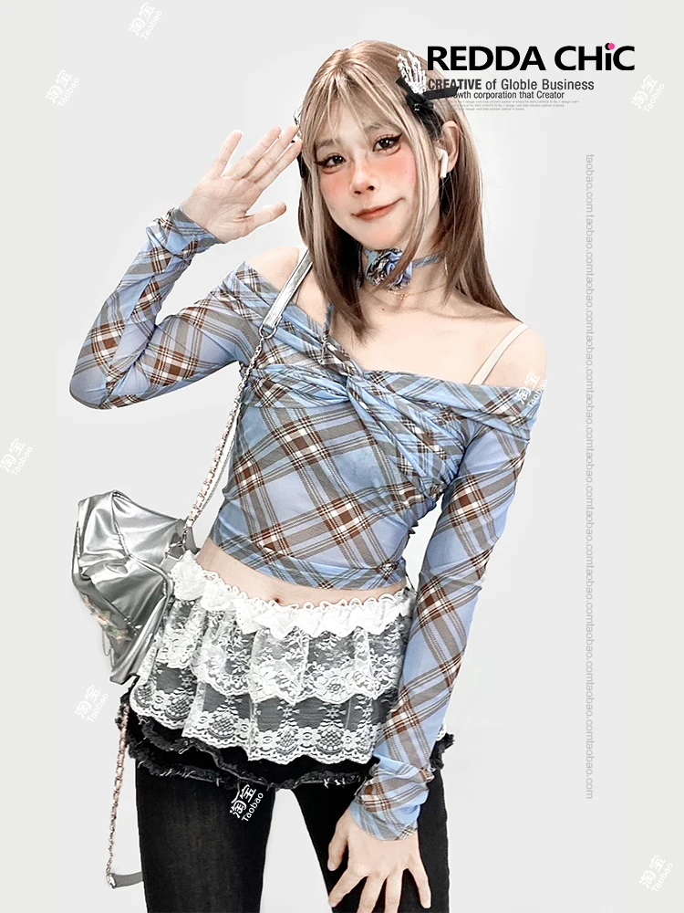 Sweet Sexy Off Shoulder Plaid Blue Mesh Tee Top Spring and Summer Hot Girls Thin Long-sleeve Sunscreen Short Slim T-shirts Woman