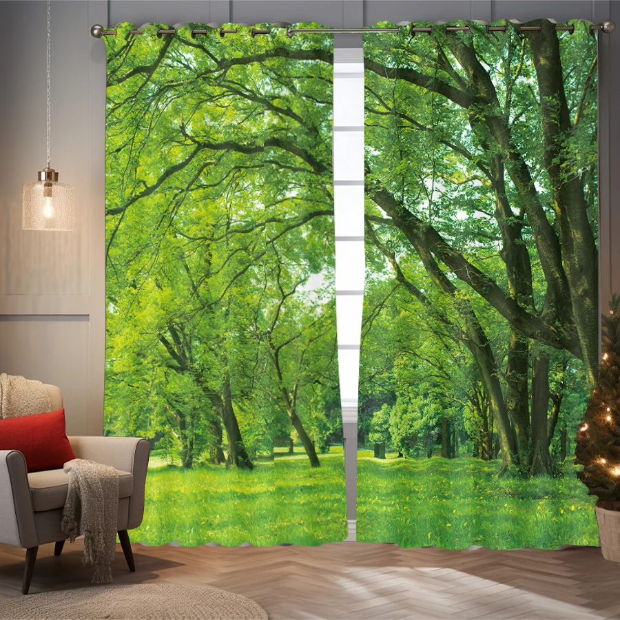 2 pieces of green forest tree pattern printed curtains, natural landscape decoration bedroom living room
