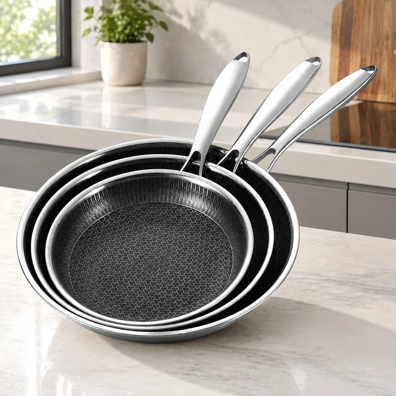 Set of 3 Nonstick Stainless Steel Frying Pans 20, 24, 28cm - PFOA-Free, Dishwasher Safe Cookware