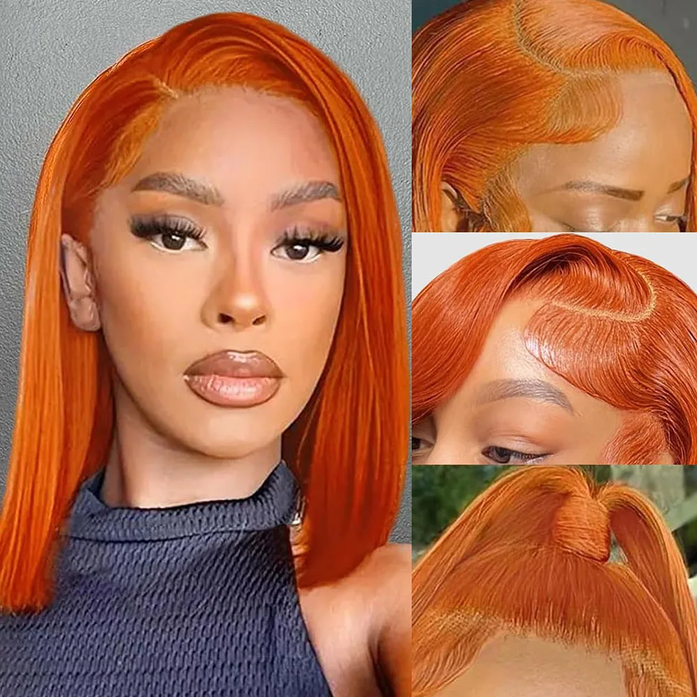 

Orange Bob Wig Human Hair 13x4 HD Lace Front Wigs Human Hair Pre Plucked with Baby Hair 180% Density 350# Colored For Women