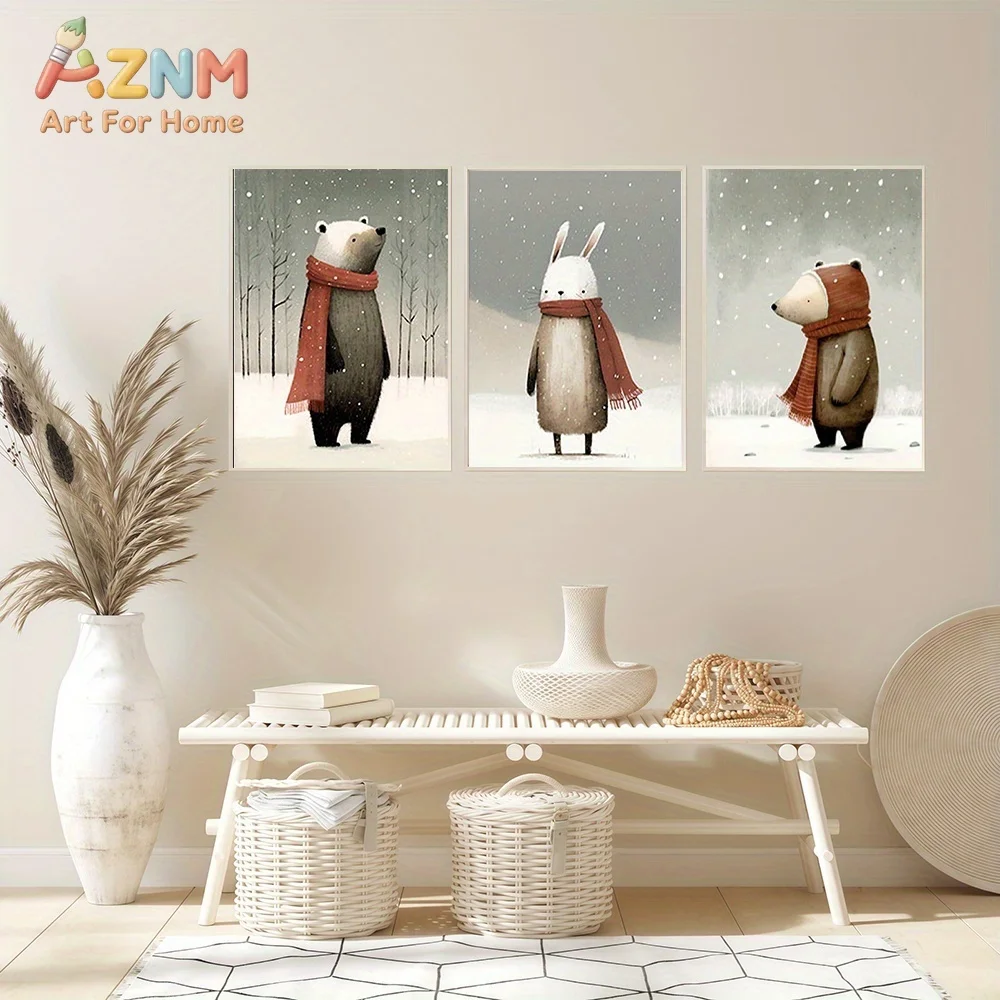 AZNM Winter Snow Cartoon Bear Rabbit Canvas Wall Art Warm Scarf Animal Watercolor Frameless Canvas Painting Nursery Kids Room Ho