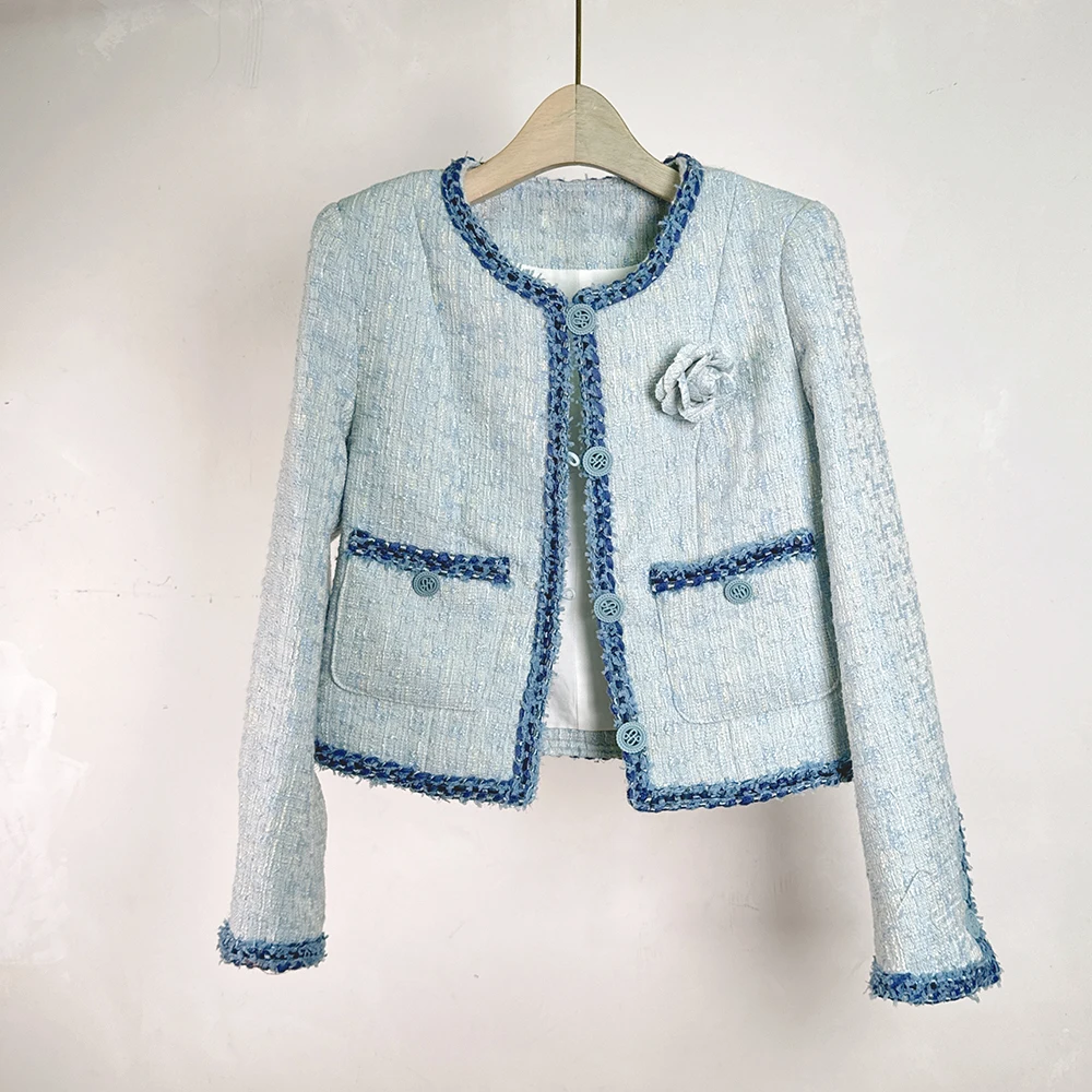 

French Blue Gentle Fragrance Coat Women Fashion O Neck Basic Autumn Winter Pink High Quality Sweet Wool Tweed Jacket Outwear