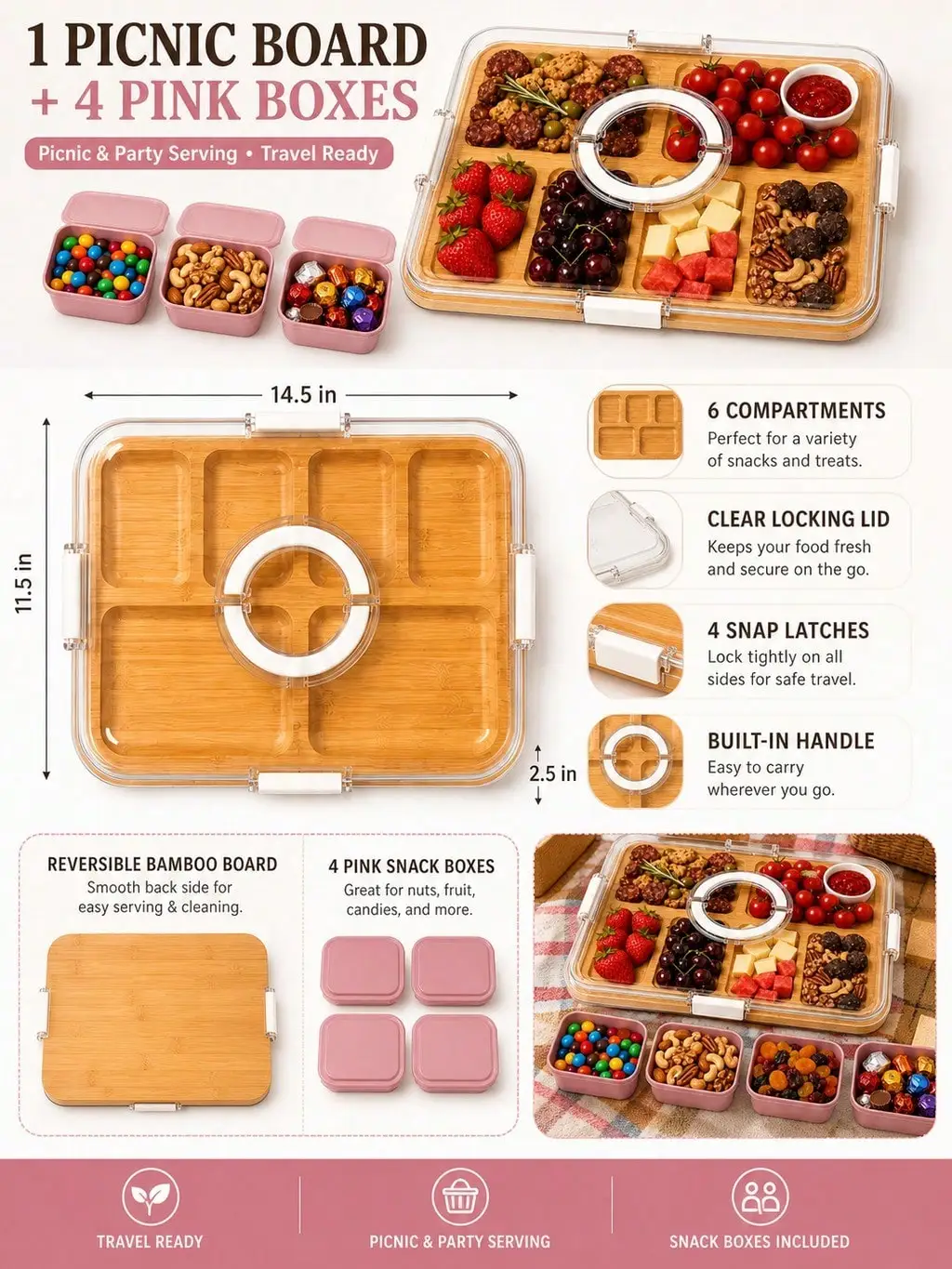 Family Snack Tray Set with Bamboo Board, 6 Compartments and Pink Candy Nut Containers