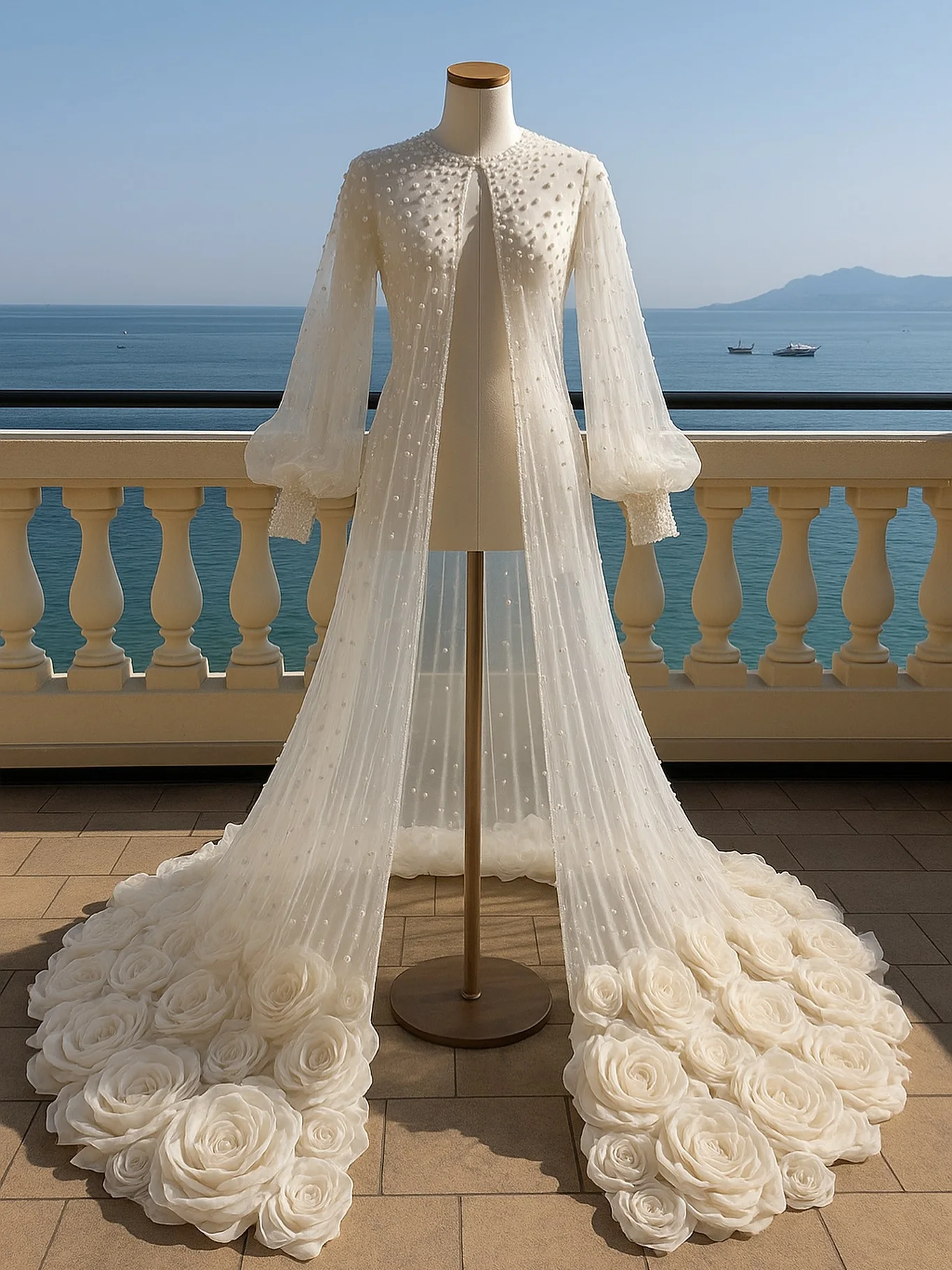 Capa de boda hecha a mano con tren de flores rosas, ropa de abrigo nupcial de manga larga con cuentas de perlas, capa de boda de manga larga, chaqueta de boda 2026