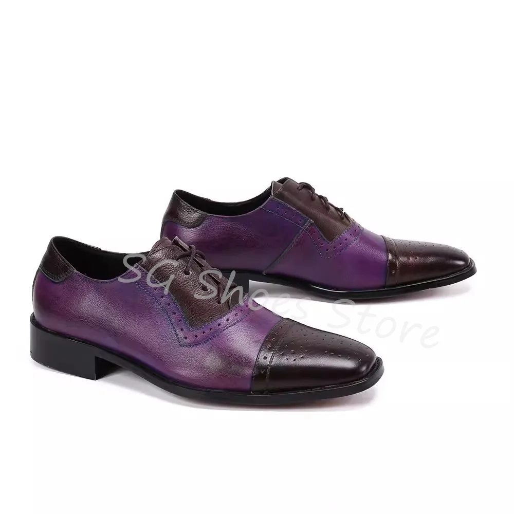 Fashion Mixed Color Hollow Out Splicing Leather Shoes for Men Pointed Toe Chunky Heel Shallow Lace-Up Oxfords Male Leisure Shoes