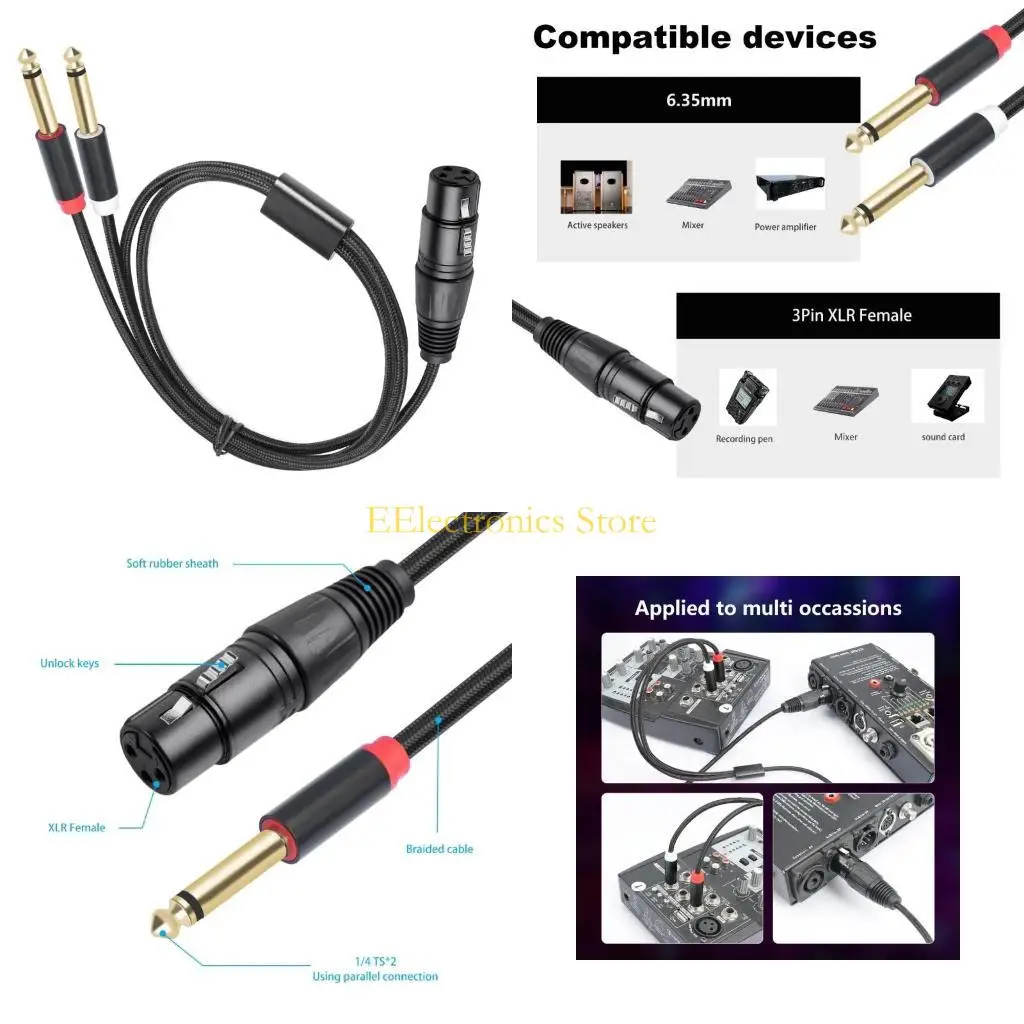 B03C 2x6.35mm 1/4inch to 3Pin Microphones Cable, 2x Mono 6.35mm Male to 3Pin Female Music Y Splitters Cord